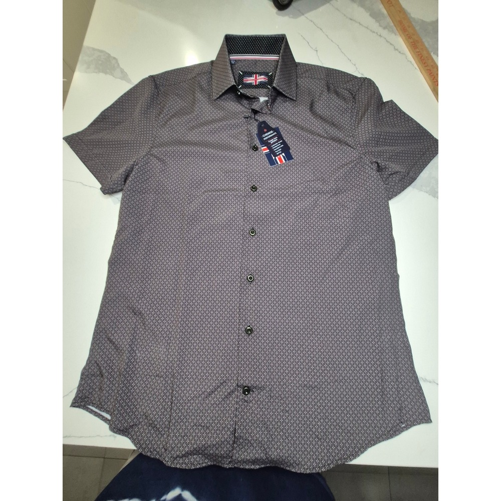 Soul of London Mens Performance Shirt Grey Geometric Short Sleeve 15.5 M NWT‎